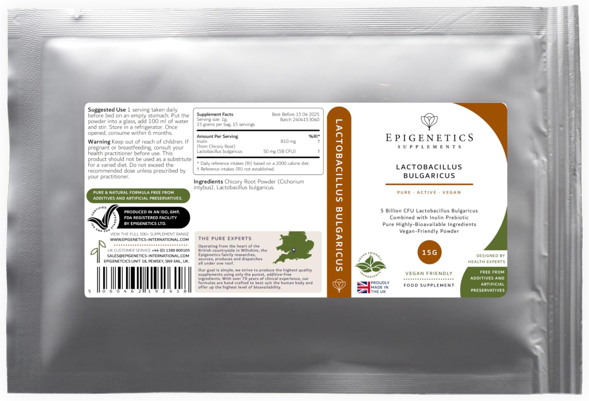 Lactobacillus Bulgaricus 15g | 5 Billion CFU Probiotic + Chicory Root Prebiotic (Inulin) | Vegan Friendly Powder UK Made | 1g Daily (15 Servings)