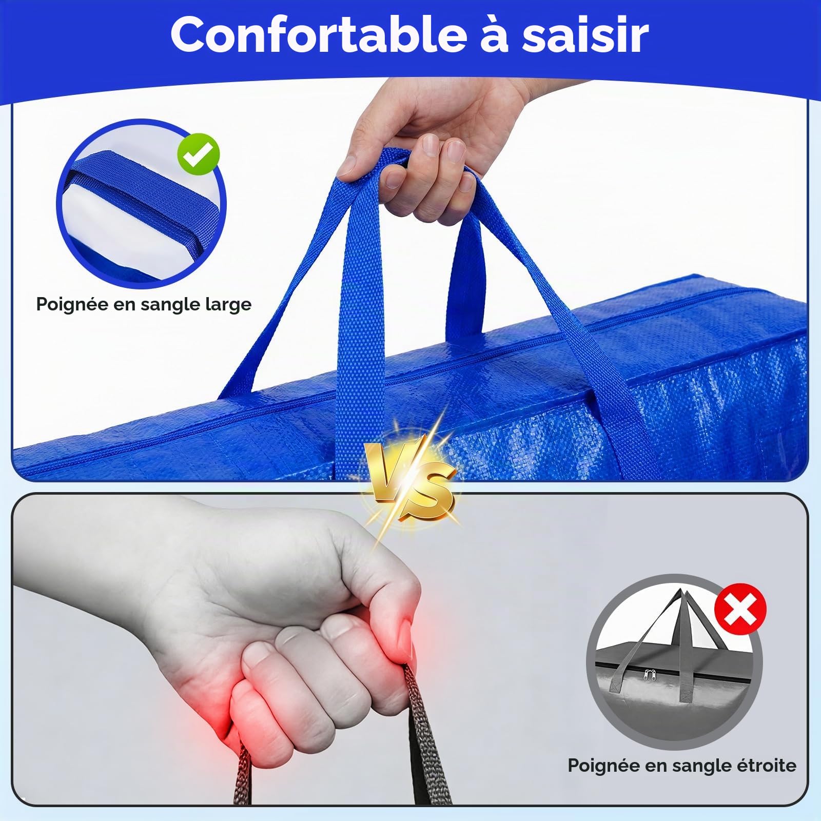 NOCOEX Très Grands Sacs de Déménagement - Lot de 2 Sacs Déménagement Imperméable 200L avec Fermetures éclair et Poignées Renforcées - Sac Rangement Pliable pour Dortoirs Vêtements Couette (Bleu)