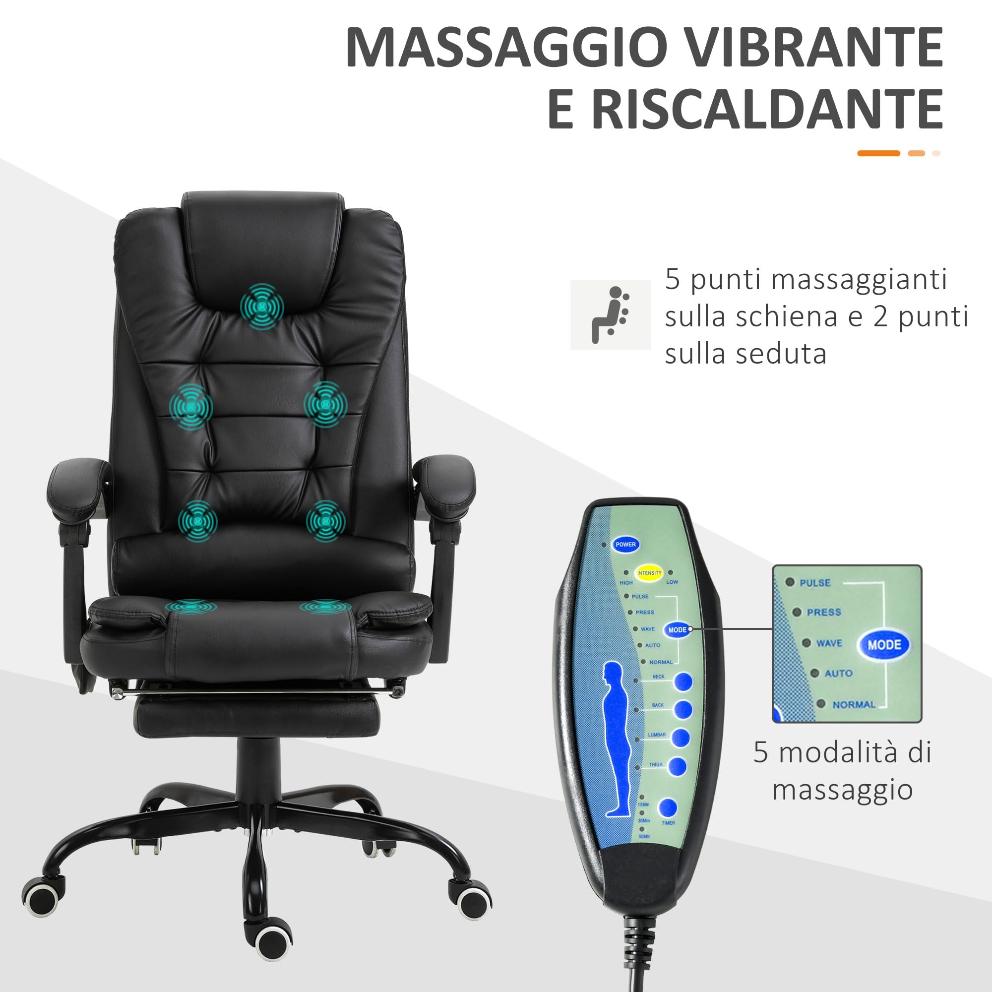 Vinsetto Sedia Ergonomica da Ufficio con 7 Punti Massaggianti e Poggiapiedi, Sedia da Scrivania Reclinabile in Pelle PU con Braccioli Imbottiti, Altezza Regolabile e Ruote Girevole, per Studio, Nero
