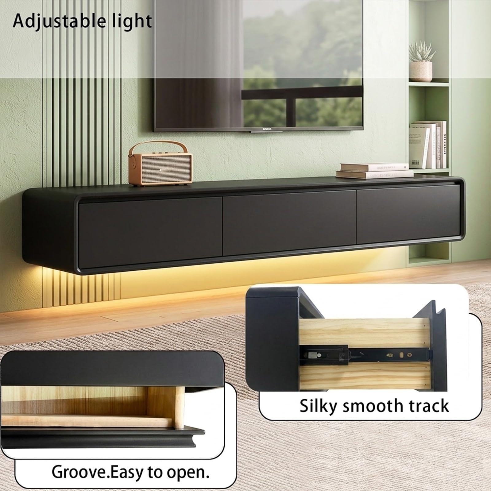 Mueble de TV de Madera Maciza,Mueble de TV Flotante, Mueble Bajo de Pared para TV, Adecuado para el Salón y el Dormitorio,Negro 140CM-LED