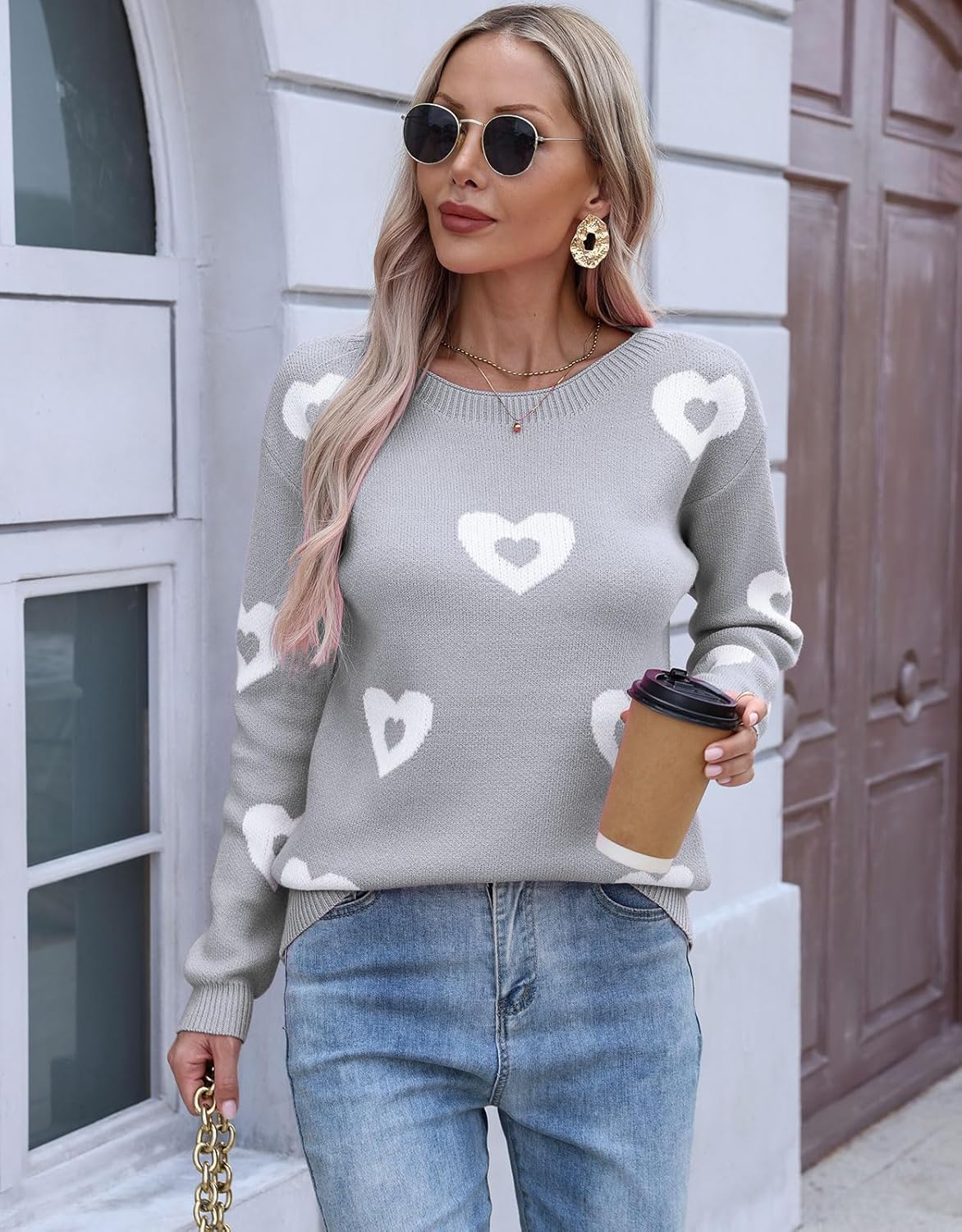 Womens Boat Neck Pullover Sweaters Fall Winter Long Sleeve Cute Heart Valentine Sweater - Image 2