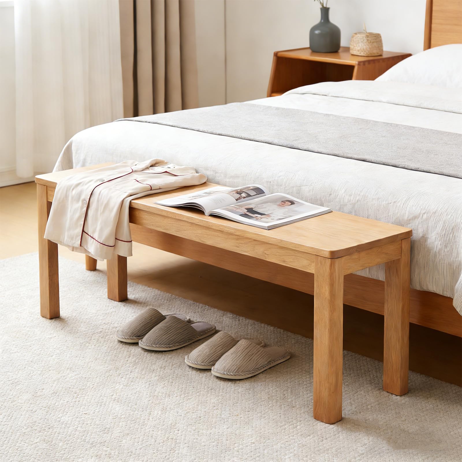 47" Solid Oak Narrow Dining Bench - Natural Finish, for Kitchen & Dining Room, Space-Saving Wooden Seat for Entryway, Bedroom, and Hallway