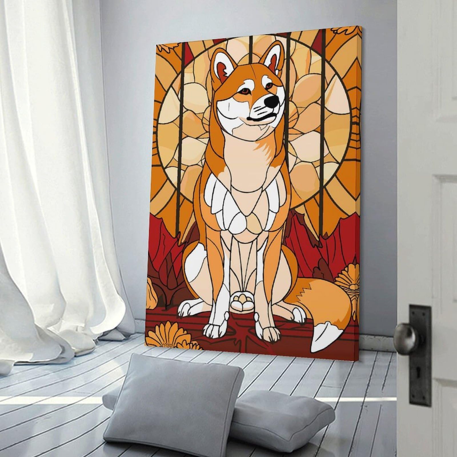 Junmoney Wall Decor Canvas Print Shiba Inu in Stained Glass Style, 16x24inch(40x60cm), for Study, Office Or Focused Interiors, Wall Art That Adds Style to Work Areas