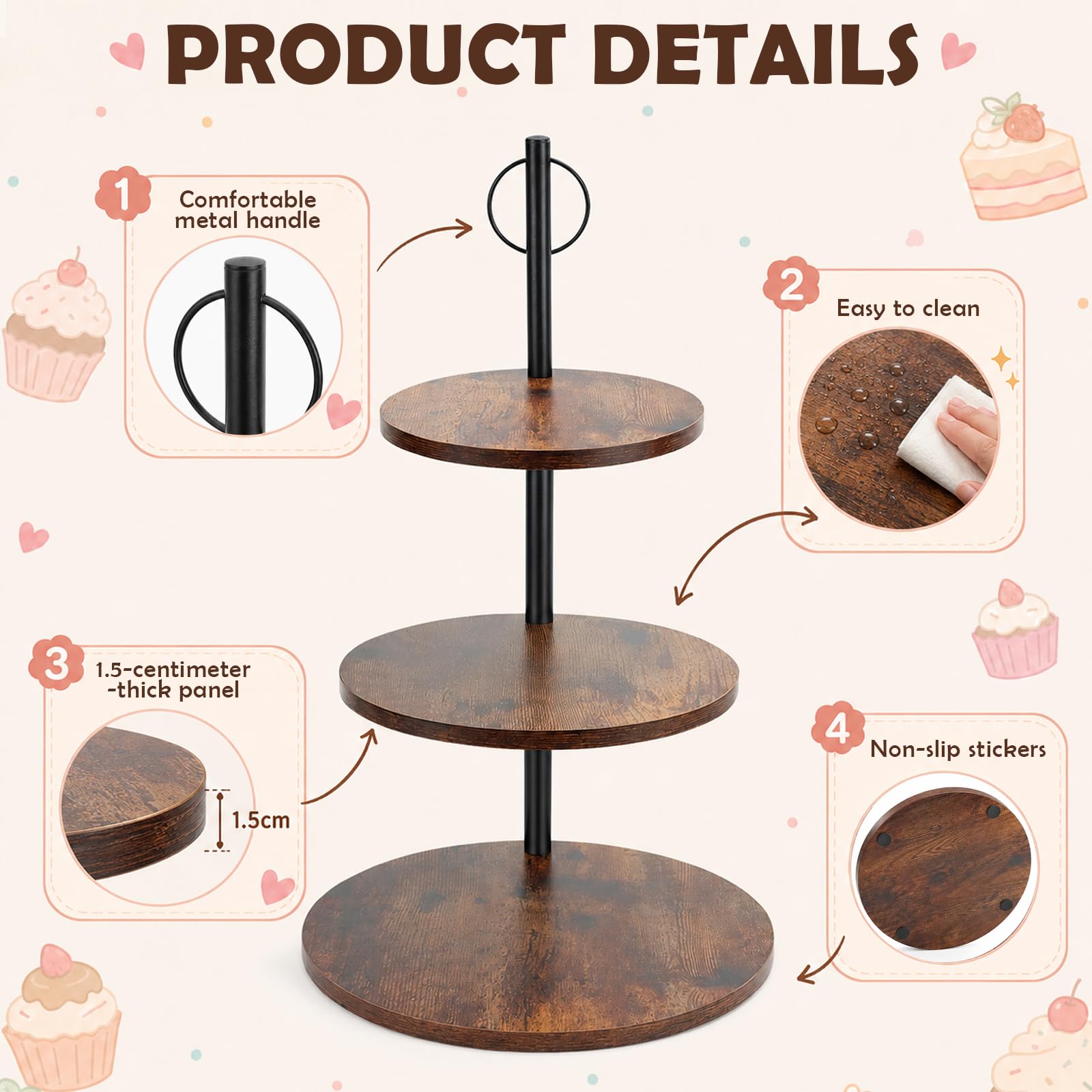 KOUHA Soporte de Madera para Cupcakes de 3 Niveles Soporte Redondo Grande para Cupcakes de Ø 30/25/20 cm Soporte de Madera para Postres Pasteles Queso Dulces Galletas y Frutos Secos