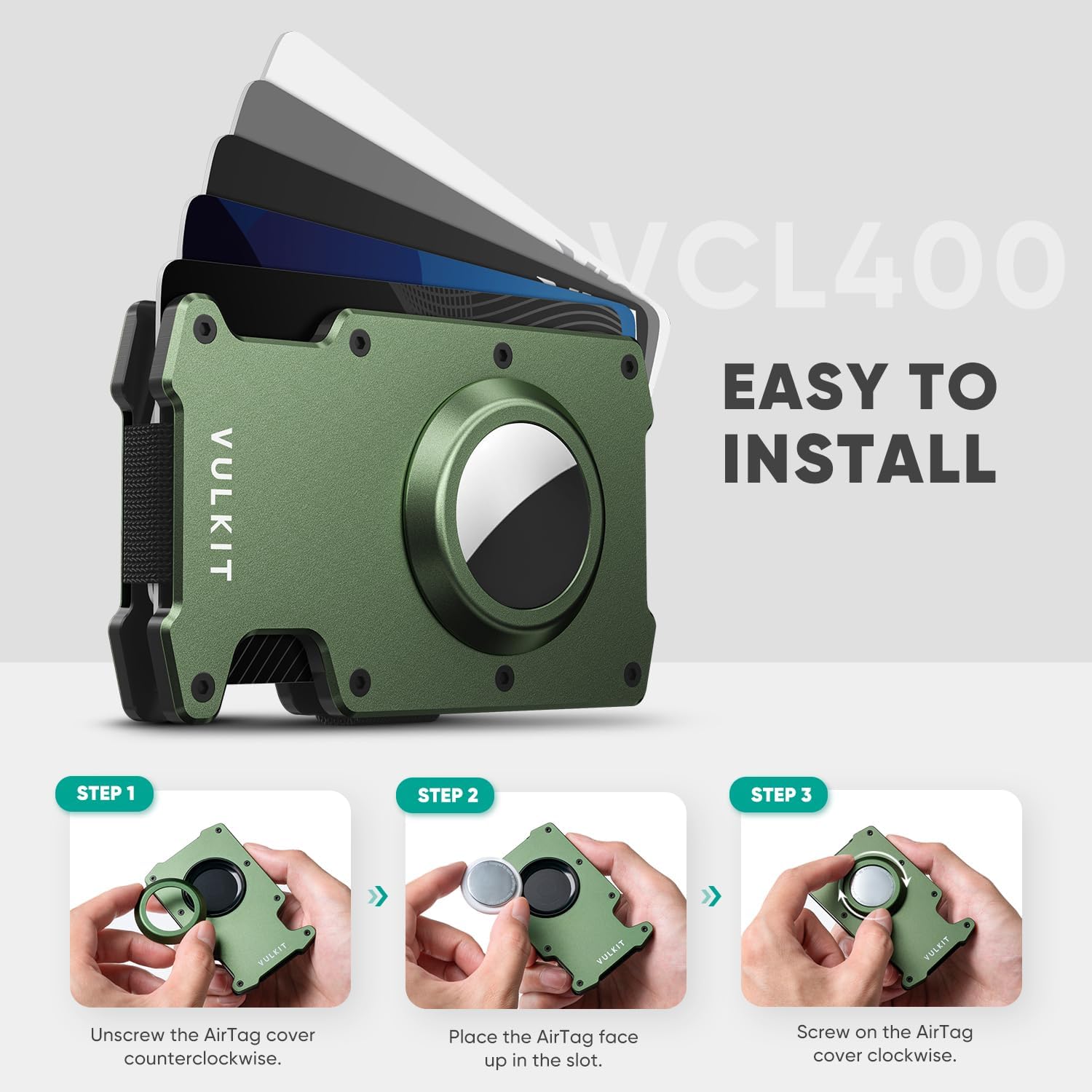 VULKIT Minimalist Slim Wallet for Mens with Money Clip- RFID Blocking with AirTag Holder Design Metal Wallet, Army Green - Image 5