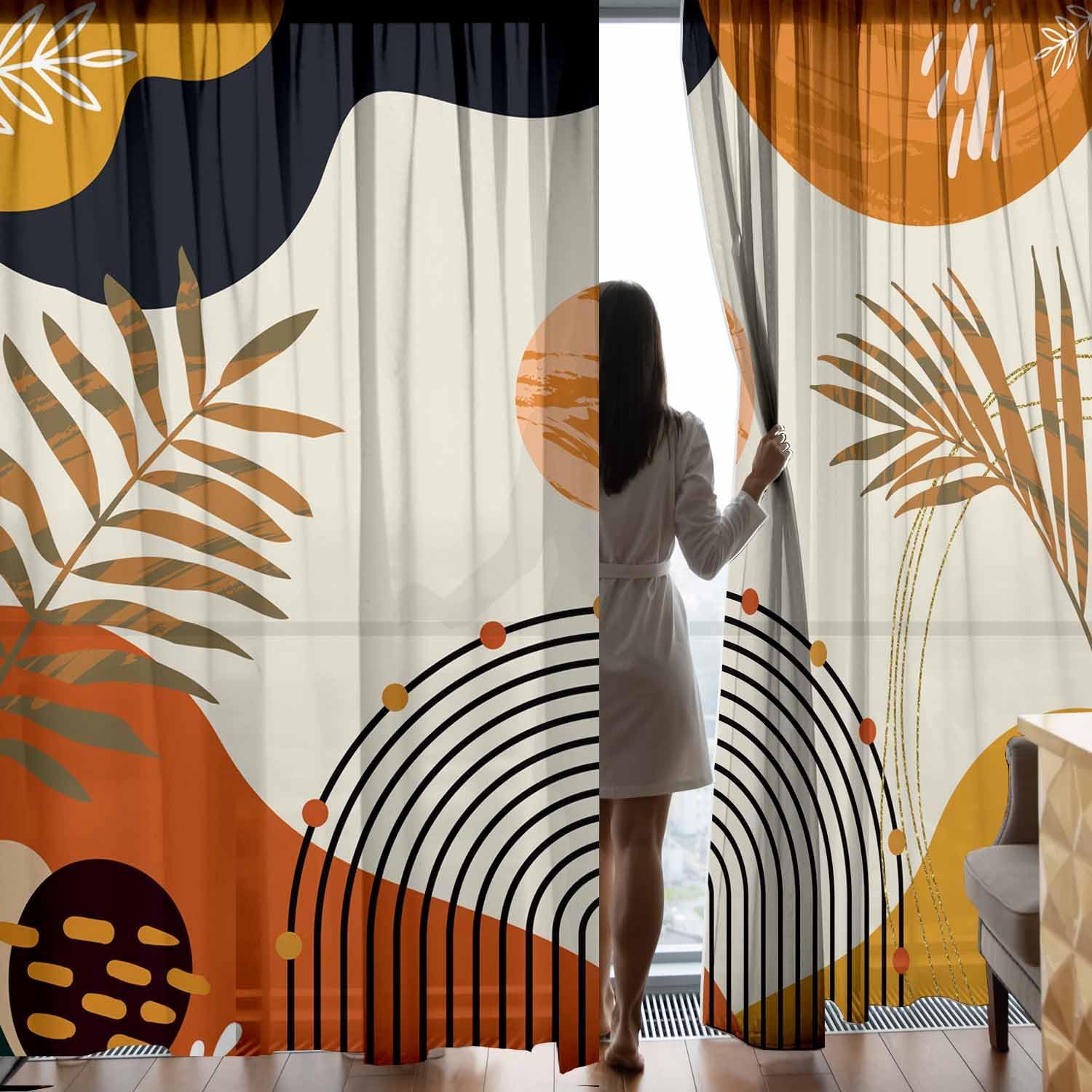 Boho Mid Century Abstract Leaves Curtains 52X84Inch Rainbow Living Room Curtain 2Pc Burnt Orange Curtains for Bedroom Modern Geometric Drapes Yellow Plant Colorful Curtain