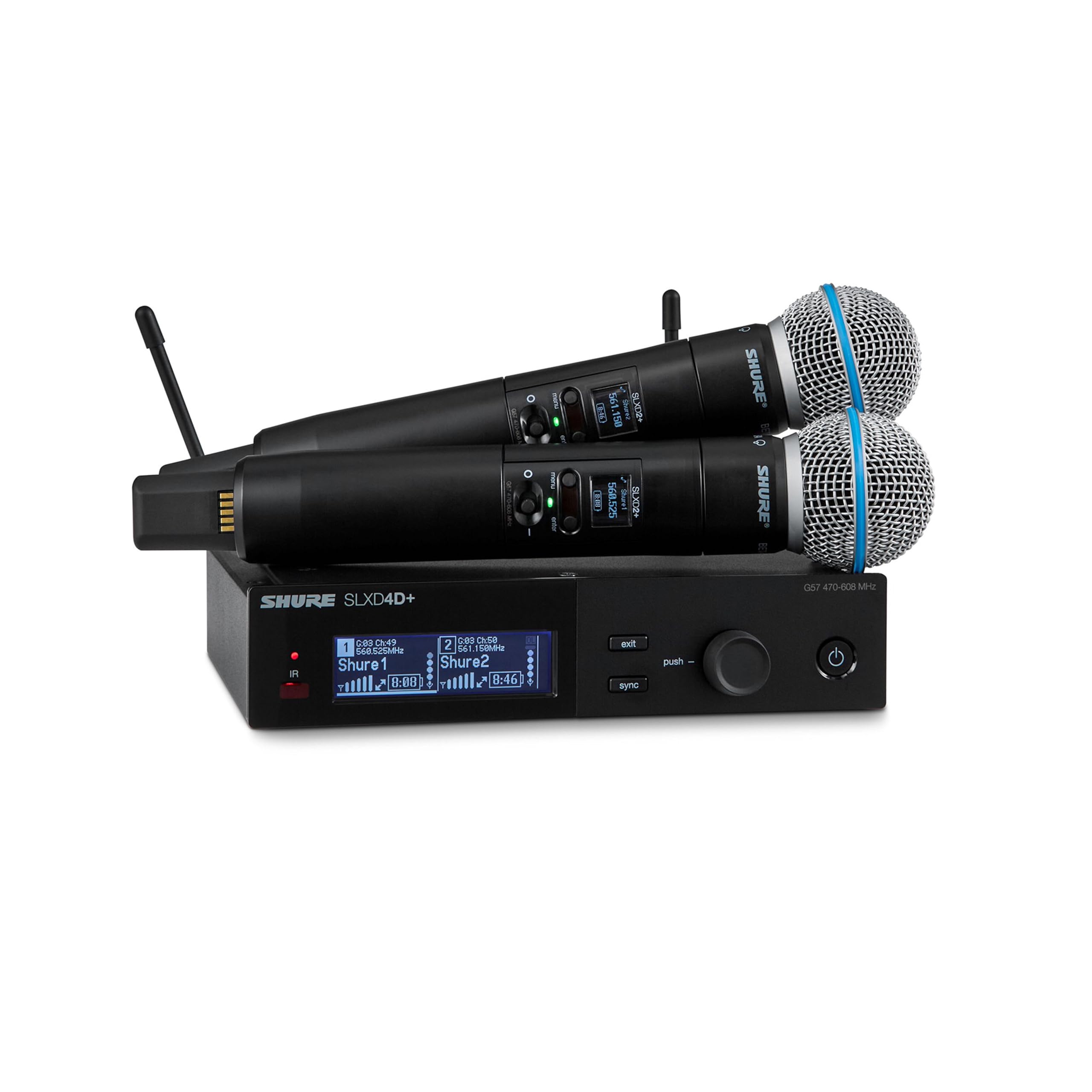 Shure SLXD24D+/58 Dual Handheld Wireless System - SLXD4D+ Dual Receiver, 2 SLXD2+ Handhelds with Beta58A Capsule, Bluetooth Monitoring, G57 Band