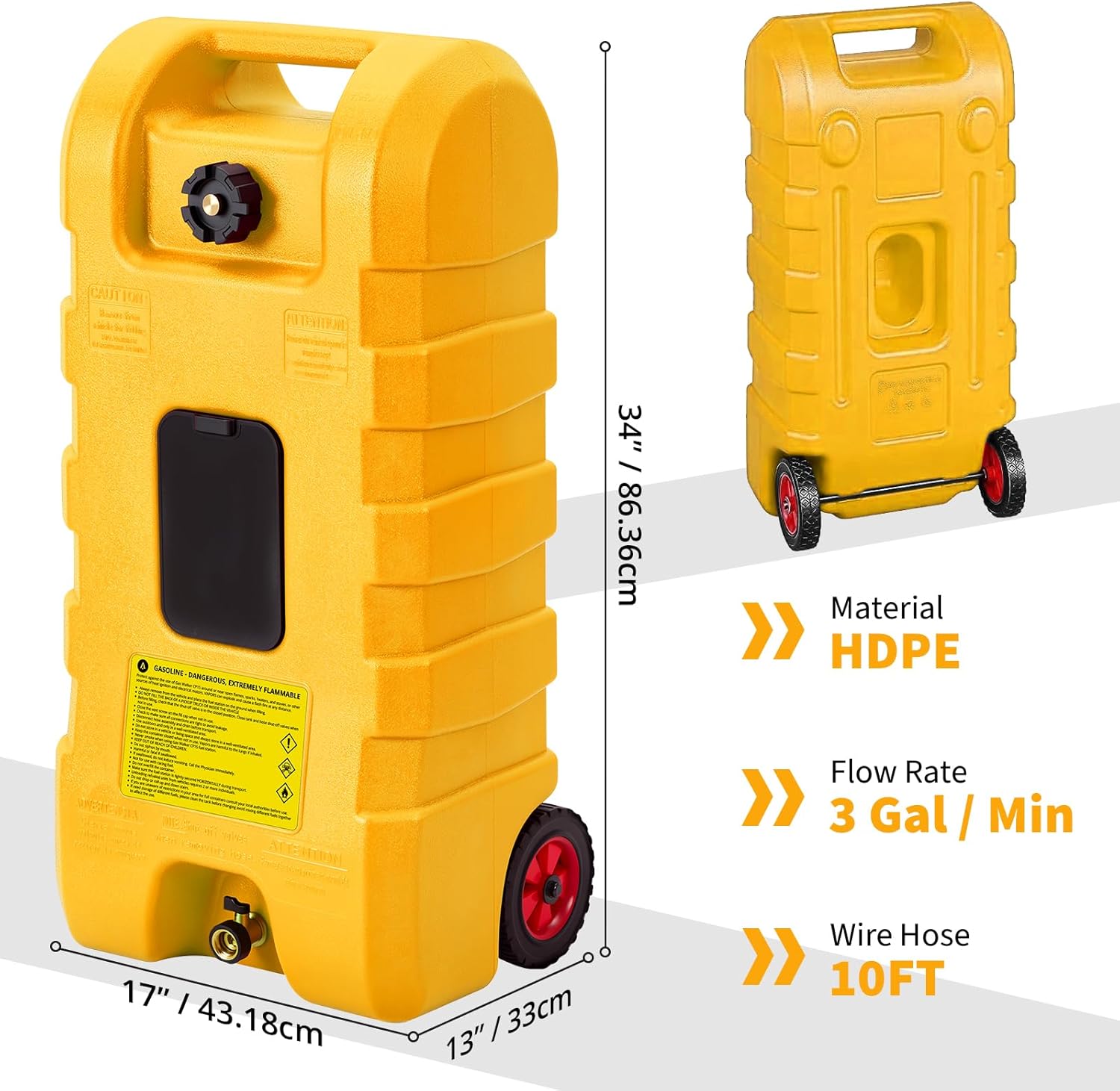 15 Gallon Gasoline Fuel Tank Container Tank With Wheels and Siphon Pump Portable Diesel Fuel Tank for Automobiles, Lawnmowers, ATVs and Boats - Yellow