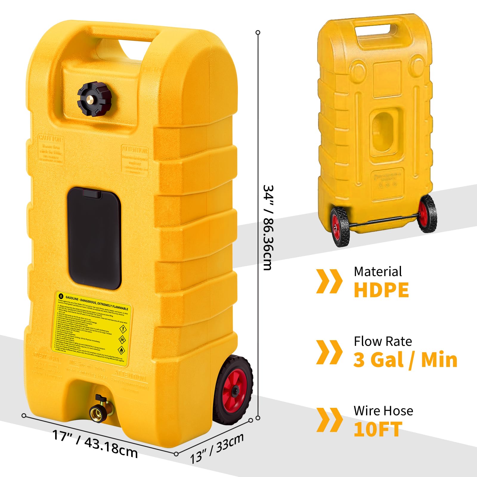 Bidón de gasolina de 57 l (15 galones) con bomba de mano y manguera, sifón de 7,5 l/min – Bidón de combustible enrollable para coche, barco, cortacésped, ATV, resistente a los rayos UV, HDPE