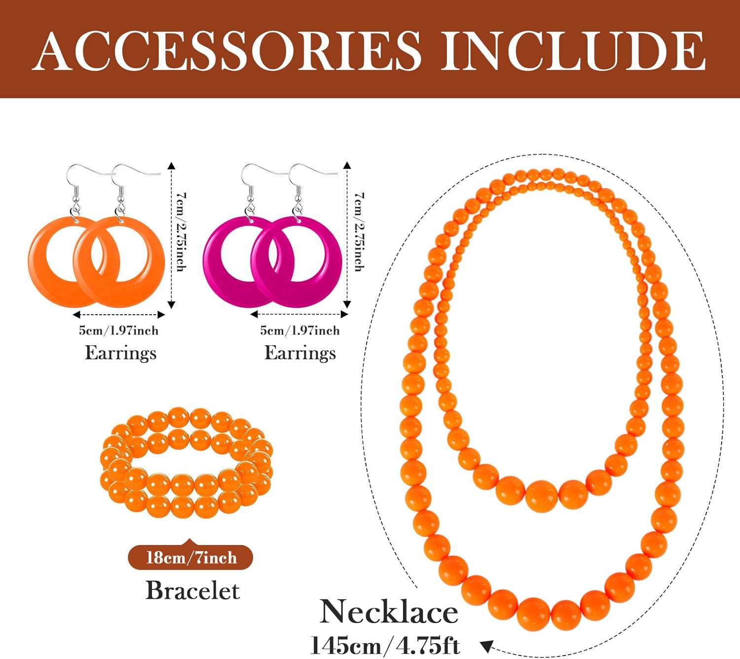 10pcs Landlady Bulk Costume Set Curly Brown Wig Print Caftan Dresses Jewelry Set for Halloween Women Cosplay Party(Pink,Novel) - Image 4