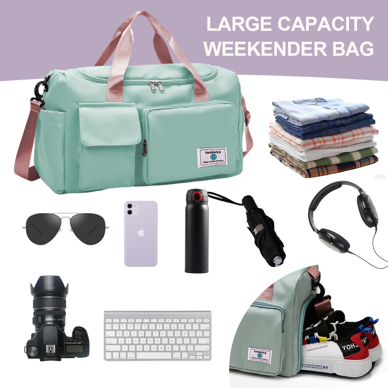 Borsone pieghevole da 35 l, borsa da palestra, borsone da viaggio, per viaggi, essenziali, palestra, allenamento, sport, Verde, large duffle bag size ：18.9 x 10 x 11 inch, Moda