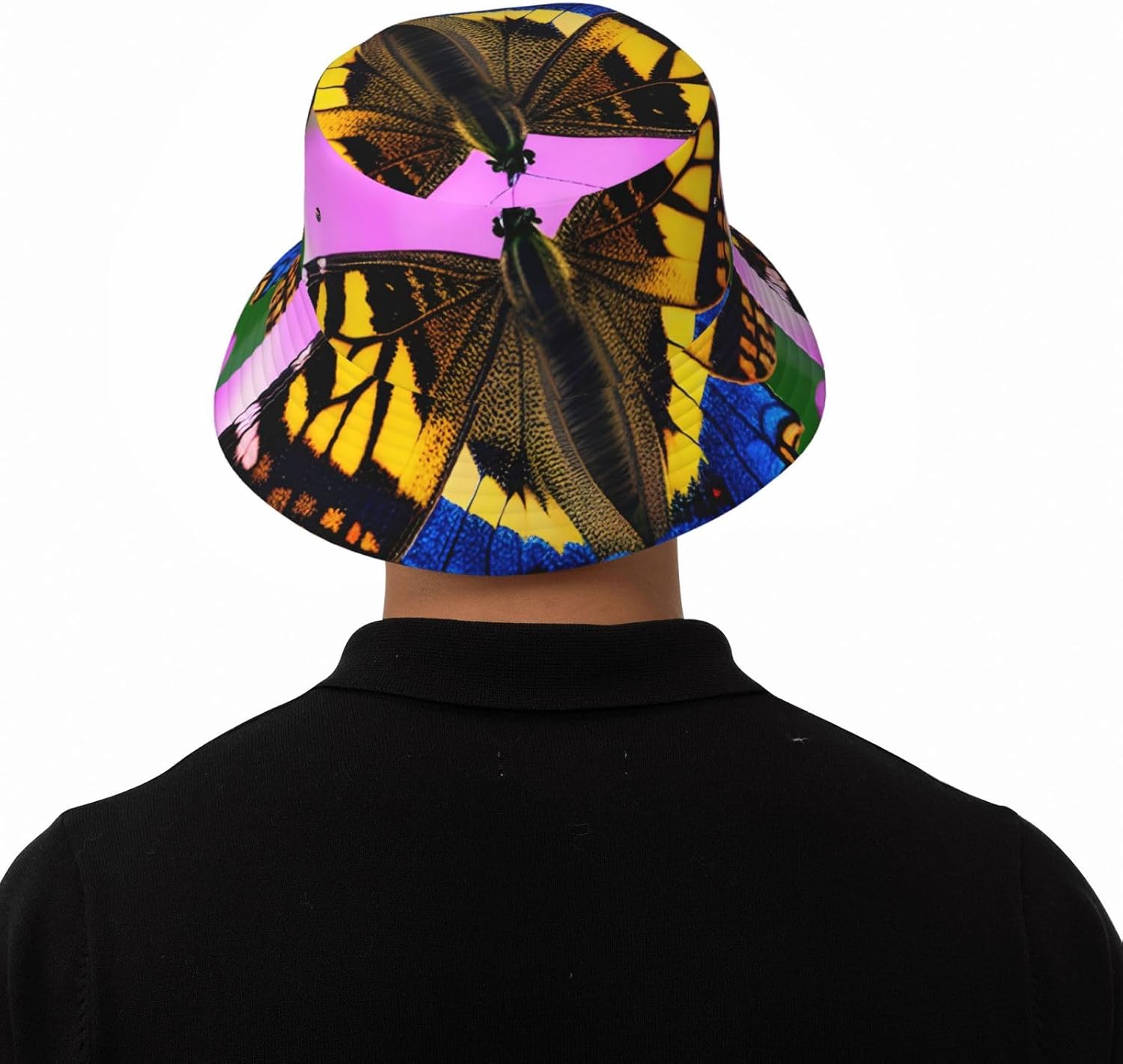 Floral Butterfly Print Sun Hat Outdoor Fisherman Cap Summer Bucket Hat Beach for Men Women Black