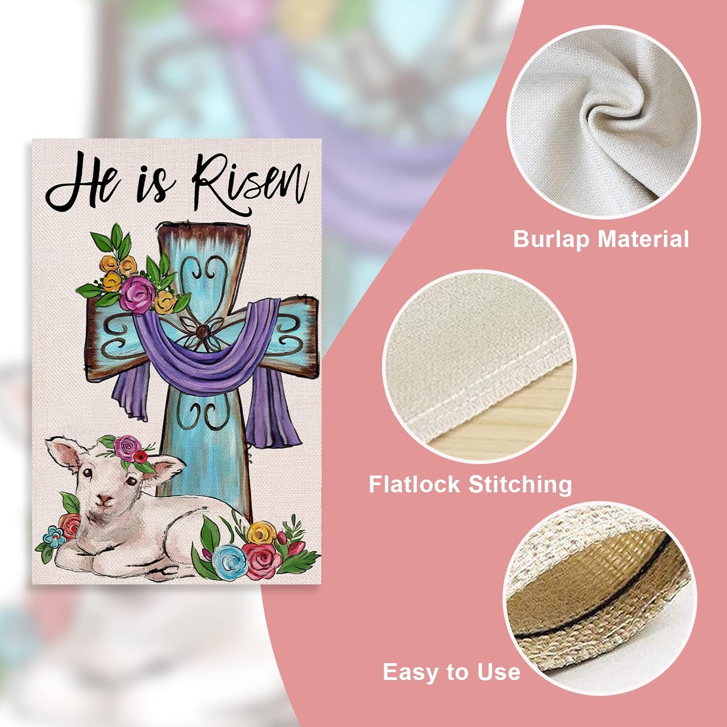 Christian Easter He is Risen Home Decorative Garden Flag, Religious Cross Lamb Yard Outside Decorations, Spring Burlap Outdoor Small Decor Double Sided 12 x 18 - Image 3