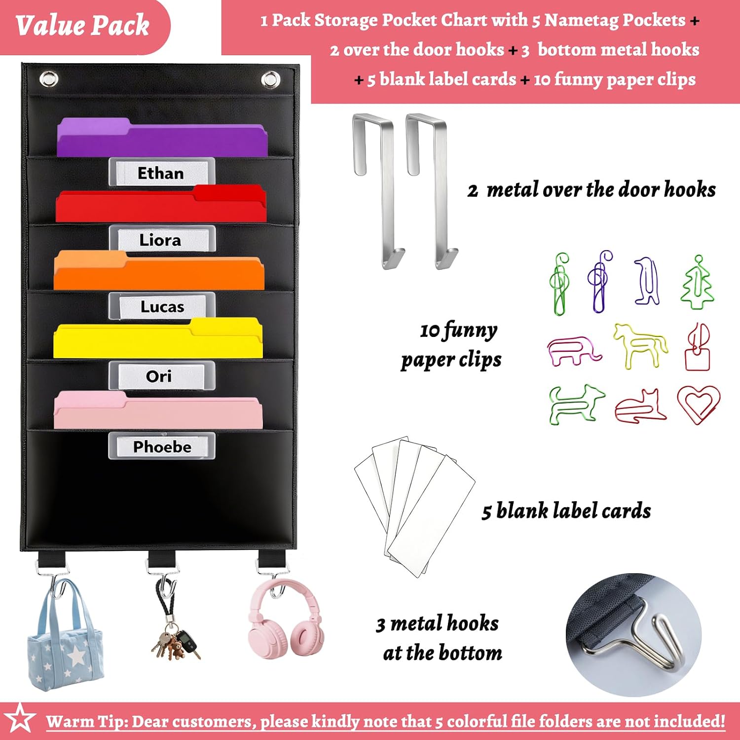 Over the Door File Organizer Hanging Wall Folder Mail Holder with 5 Pocket image 2