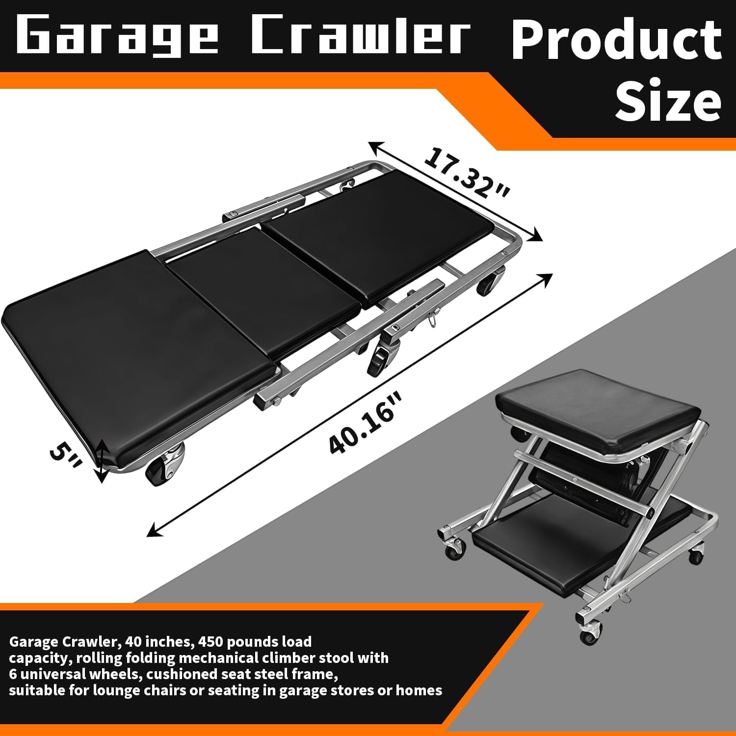 36" Folding Mechanics Creeper Seat, 350LBS, 2-in-1 Heavy-Duty