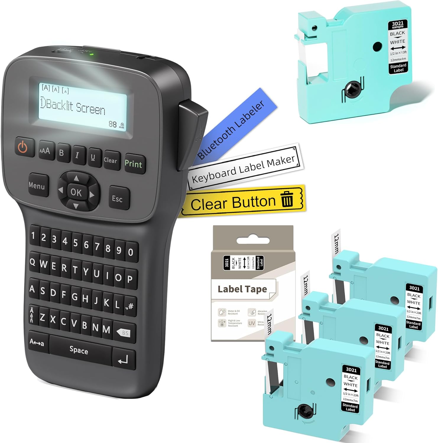Label Maker with 4PK White Tapes, Industrial Handheld Label Maker Waterproof-Labels, Rechargeable Heat Shrink Label Maker, Bluetooth Wire Cable Labeling Machine for Home Office Warehouse, LM1600