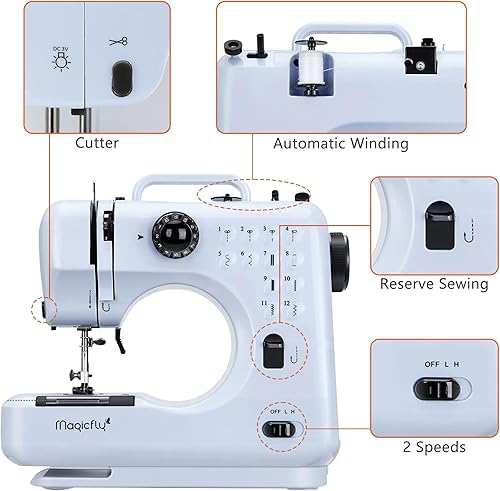 Miniatura 5 de Kylinton Máquina de coser para principiantes, máquina de coser eléctrica pequeña con mesa de extensión y pedal de pie, 12 puntadas, velocidades