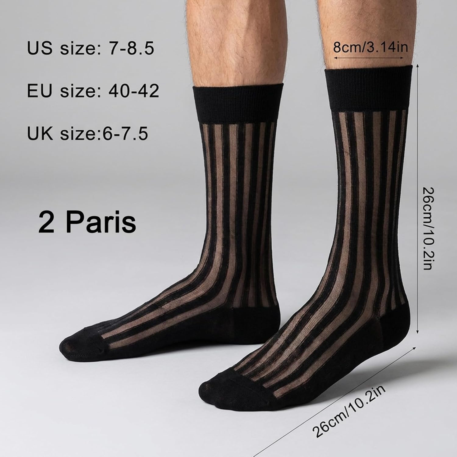 2 Pairs Mens Silk Sheer Socks, Men Casual Business Dress Socks Striped Sheer Nylon Stockings Mens Dress Sock Formal Suit See(Black,)