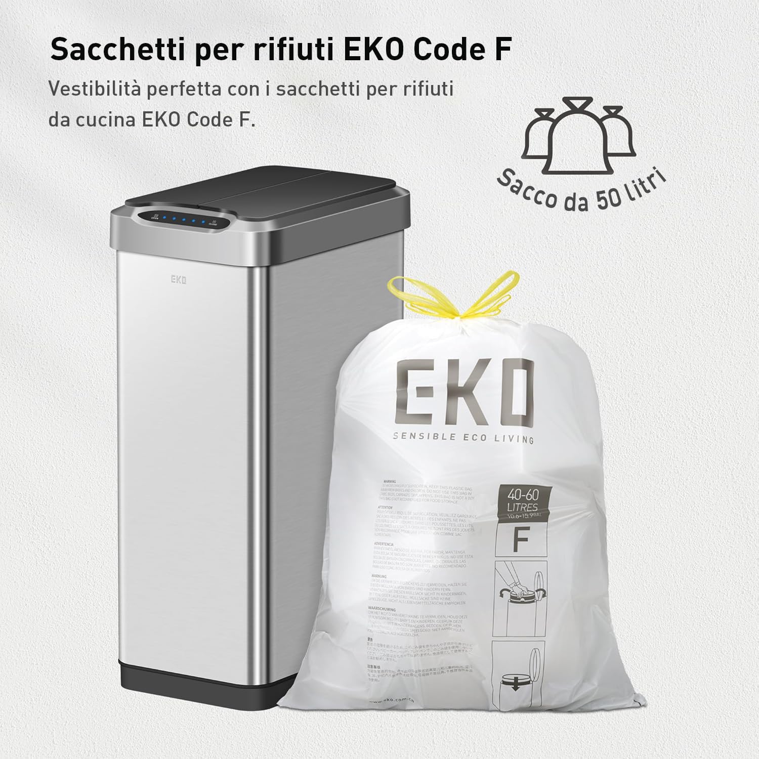 EKO Pattumiera Cucina Automatica 50L Phantom-T | Sensore Touchless Verticale | Acciaio Inox Spazzatura Antimpronta | Chiusura Silenziosa Bagno