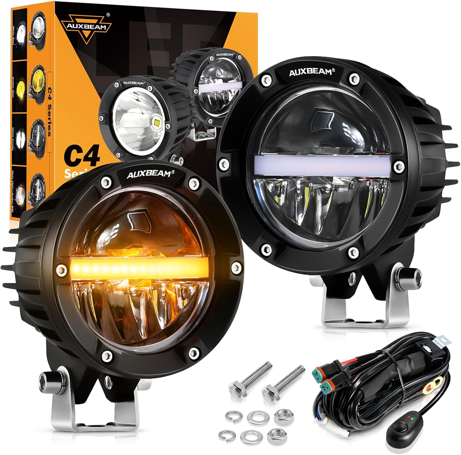 Auxbeam 4-Inch Round Offroad Lights with Amber DRL