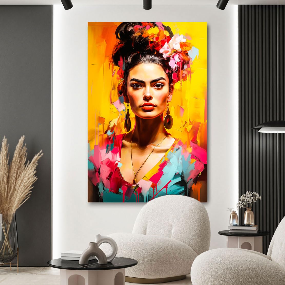 Kunstgestalten24 | Frida Kahlo Color Style Wandbild | Leinwandbild mit Echtholz-Keilrahmen | Leinwand Gemälde Kunst Art | Hochwertige Kunstdrucke | XXL Bilder auf Leinwand