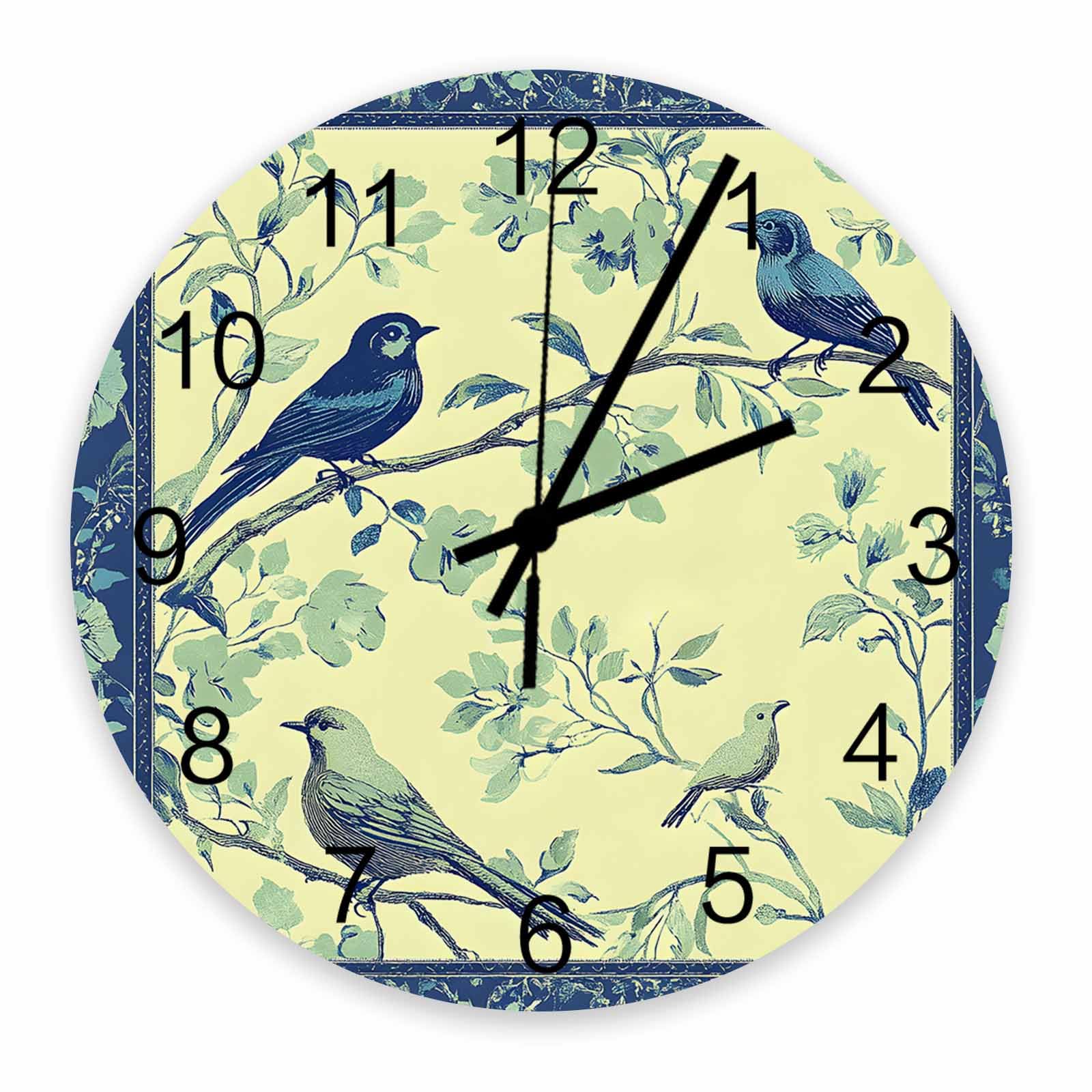 Horloge murale vintage branches jaunes et bleues pour cuisine et bureau