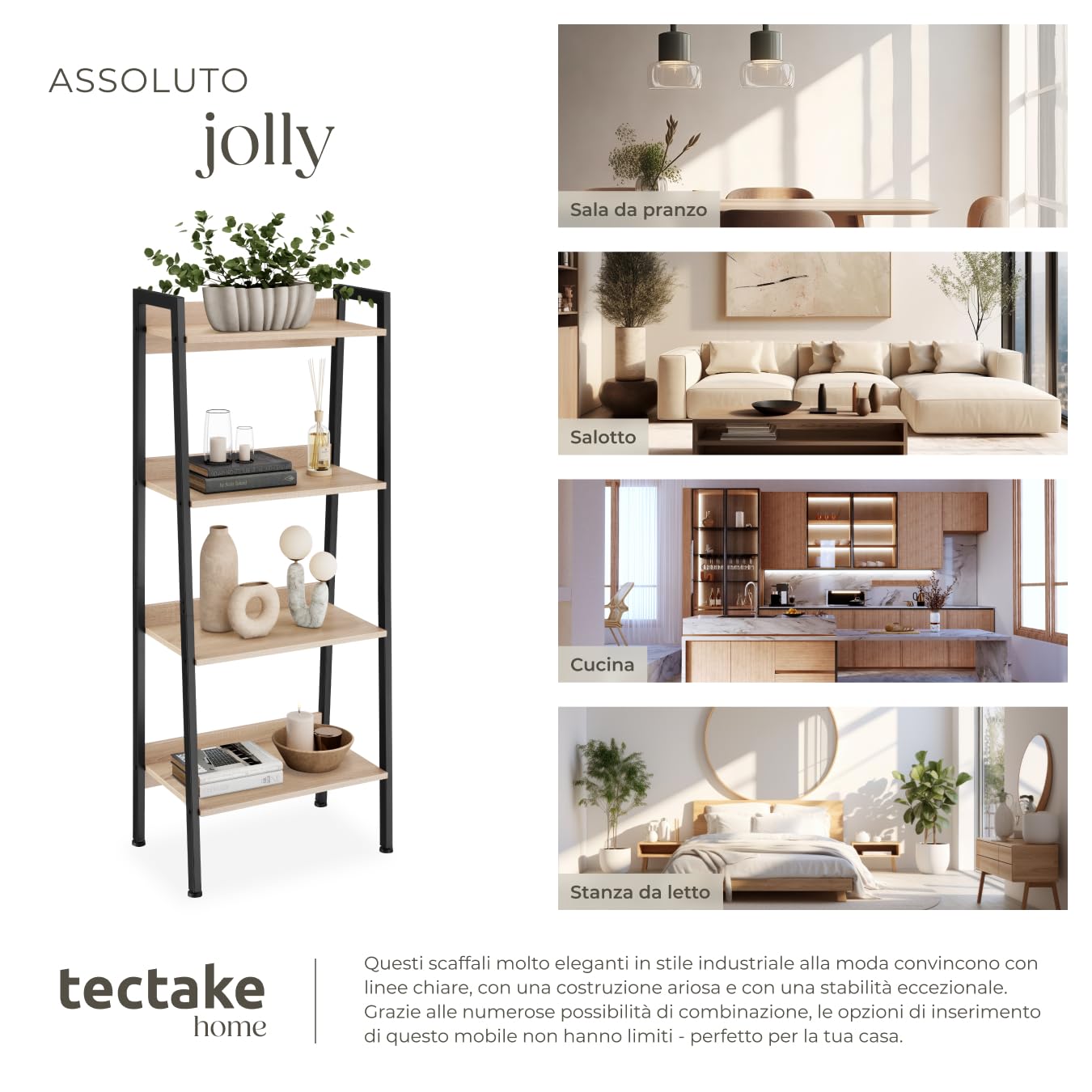 tectake® Scaffale a Scala, Libreria Verticale con 4 Ripiani, Struttura in Acciaio porta libri, Libreria Verticale, Facile Montaggio - 57,5x34x138 cm - Legno industriale chiaro
