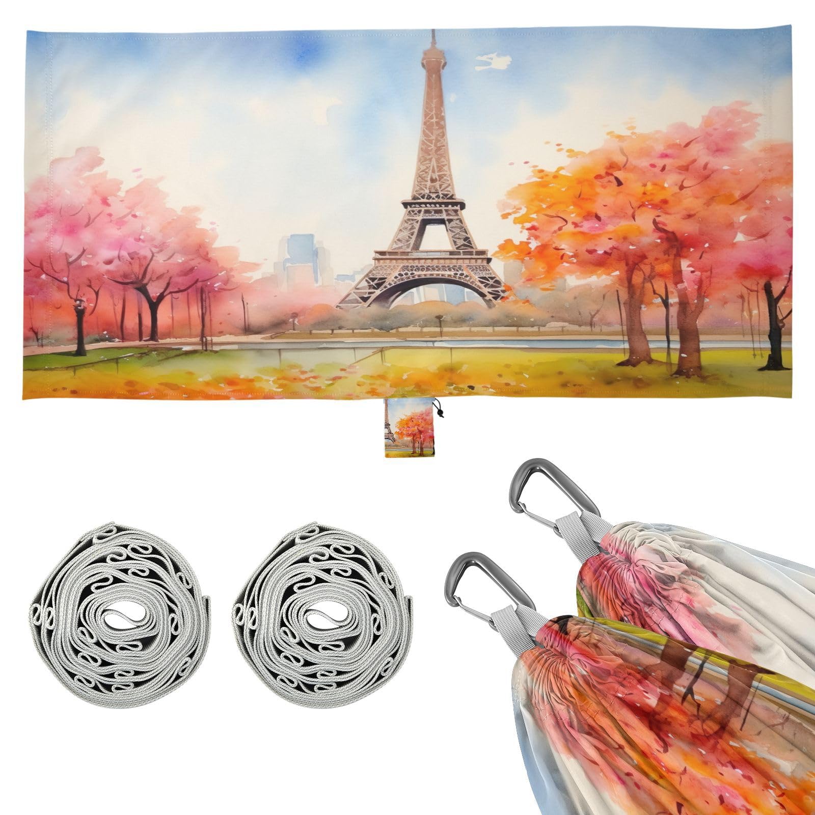 SDMKA Watercolor Painting French Camping Hammock, 330 lbs with 2 Tree Straps, Carry Bag, Single Portable Hammock for Outdoor/Indoor, Hiking, Beach, Backpacking, Travel