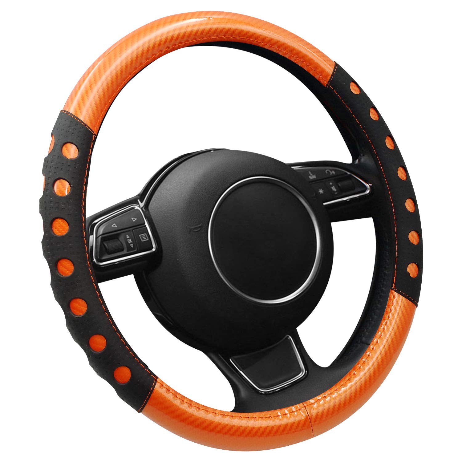 Sport Style Orange Leather Steering Wheel Cover, Black Sport Grip Steering Wheel Accessory,Universal Fit 14.5-15.25 inch Steering Wheel
