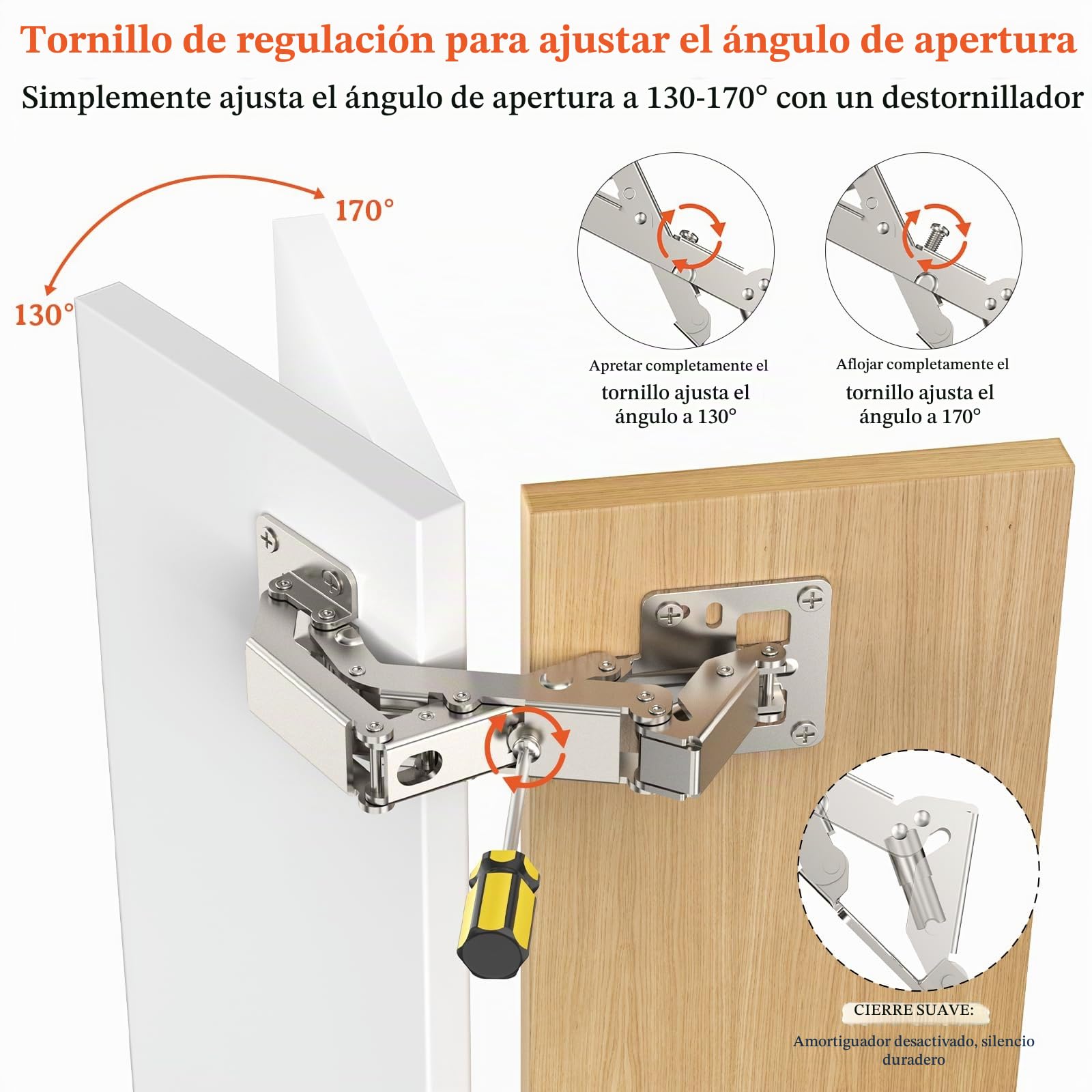Furniware 4 bisagras de cierre suave de 170 grados para puertas de armarios, sin taladrar, bisagras de armario de cocina con amortiguador, soporte de tapa, bisagras ocultas para armarios, muebles