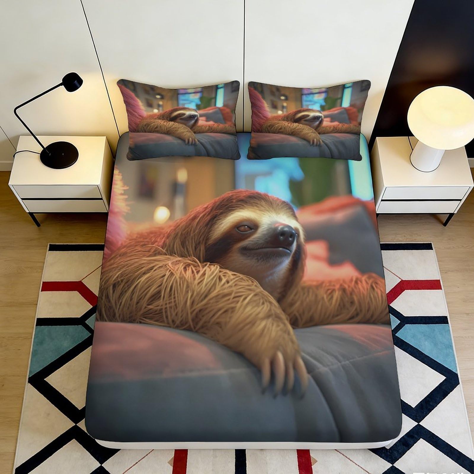 3D Printed Lazy Sloth Fitted Sheet Microfiber Brown Animal Nap Mattress Cover Bedroom Decor Easy Care 180x200x25cm