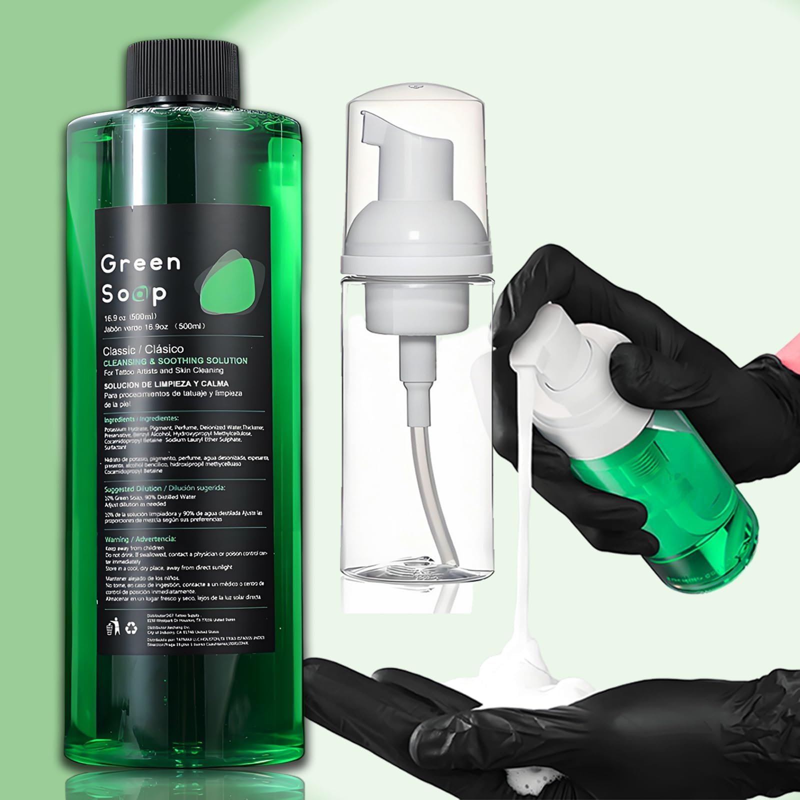 Tattoo Green Soap - TONBAO Ultra Konzentrierte Grüne Seife 500ml mit 200ml Schaumflasche Set für Professionelle Tattoo & Piercing Pflege und vegane Hautreinigung