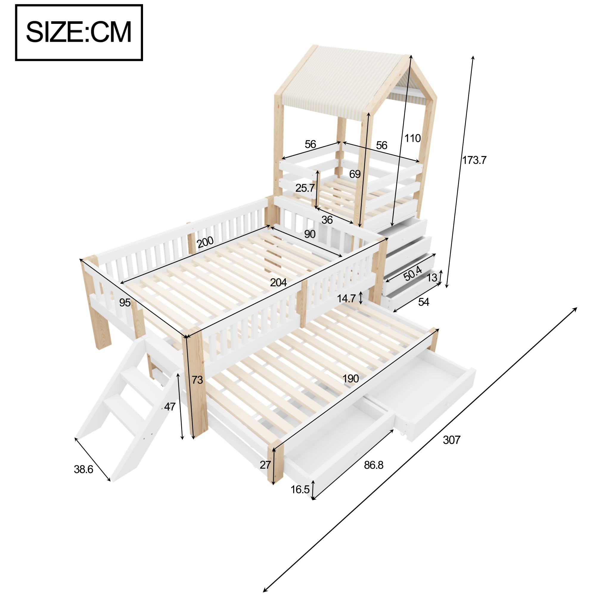 Letto Montessori 90x200 con Letto Estraibile 90x190 cm e 2 Cassetti (Bianco+Naturale-1)