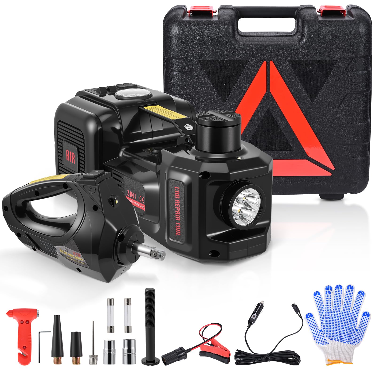 Gato eléctrico 5T, elevación 155-450 mm, operación con un botón, alimentación dual, con llave de impacto y compresor de aire, maletín portátil, 3 en 1 para mantenimiento de vehículos (negro)
