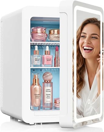 advwin 20L Mini Skincare Fridge with Dimmable LED Light Mirror, Makeup Fridge for Cooler & Warmer, Cosmetics, Beauty, Food & Drinks, Portable Small Refrigerator for Bedroom, Office, Dorm 20L white