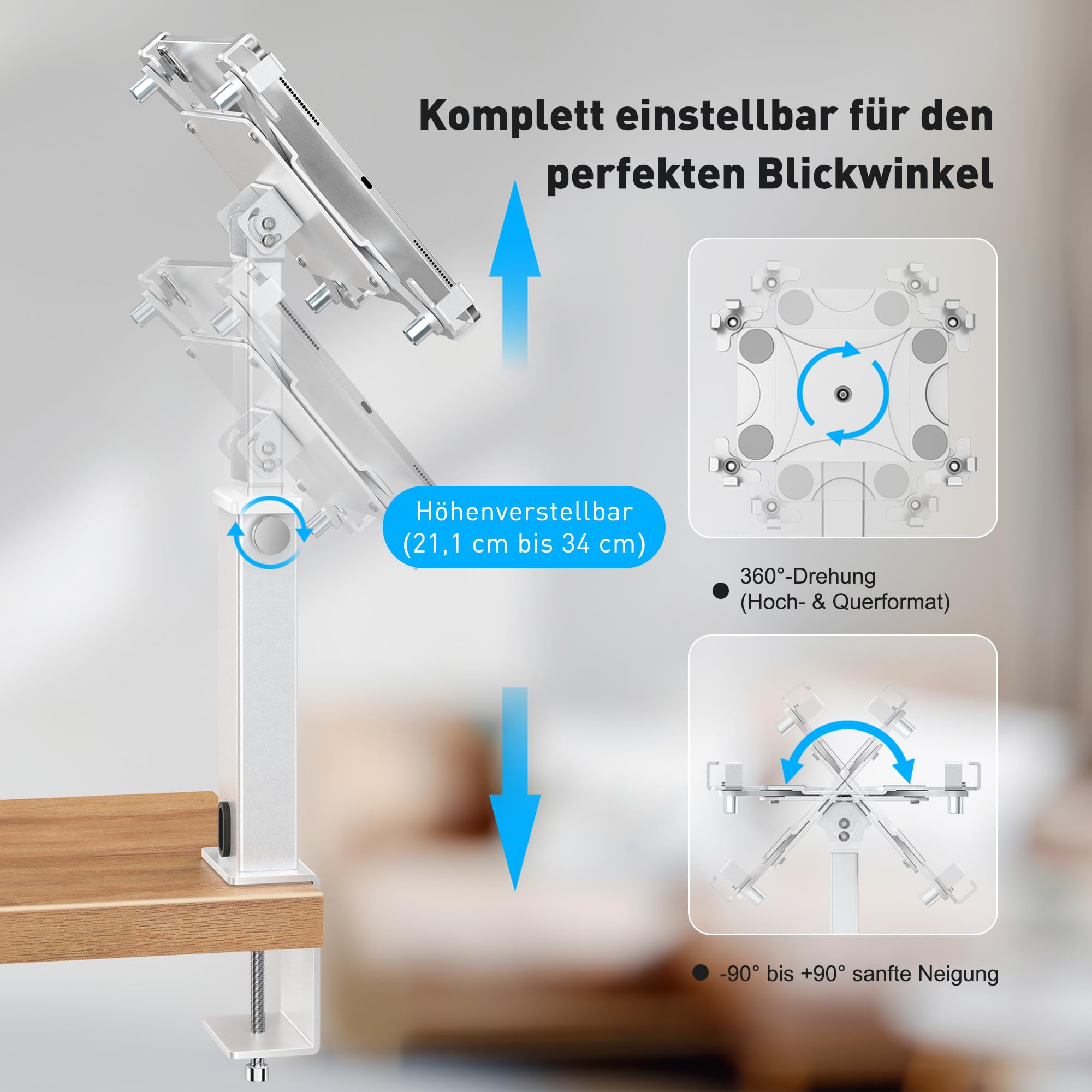 AboveTEK iPad Tischhalterung, Verstellbarer Tablet Ständer mit 360° Drehung & 180° Neigung, Passend für 9,7"-13" Tablets, Anti-Diebstahl iPad Halter aus Aluminium, Ideal für Büro & Geschäft-Silber