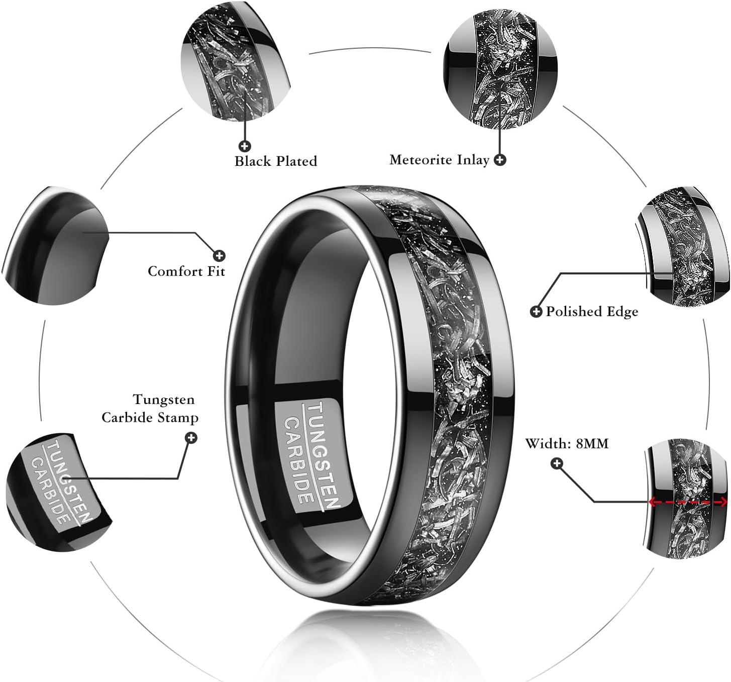Vakki Personalized Black Tungsten Ring for Men Women Wedding Band Meteorite Inlay Custom Engraved Engagement Ring Polished Domed Comfort Fit Size 7-12 - Image 5