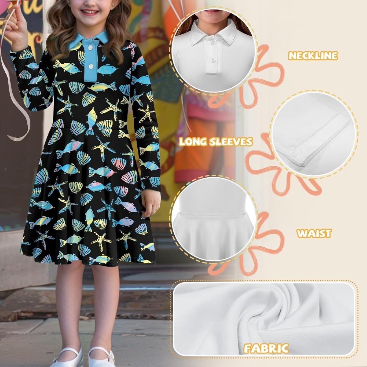 Polo Dresses for Girls Long Sleeve A Line Midi Fit and Twirl Casual, for First Day of School Outfits for Children