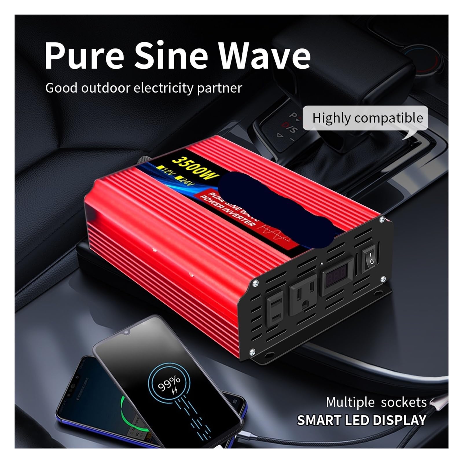 Inversor de Corriente, Inversor de Onda sinusoidal Pura de 12 V CC a 110 V CA, 60 Hz, for Coche, Voltaje de 1000 W a 10 000 W, portátil(Black)