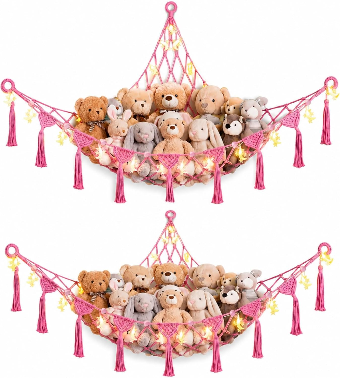 2Pack Toy Hammock, 105 x 145cm Large Boho Teddy Bear Net Corner Storage with LED String Lights (2m), Stuffed Animal Display Organiser for Kids Bedroom, Nursery, Playroom (Pink)