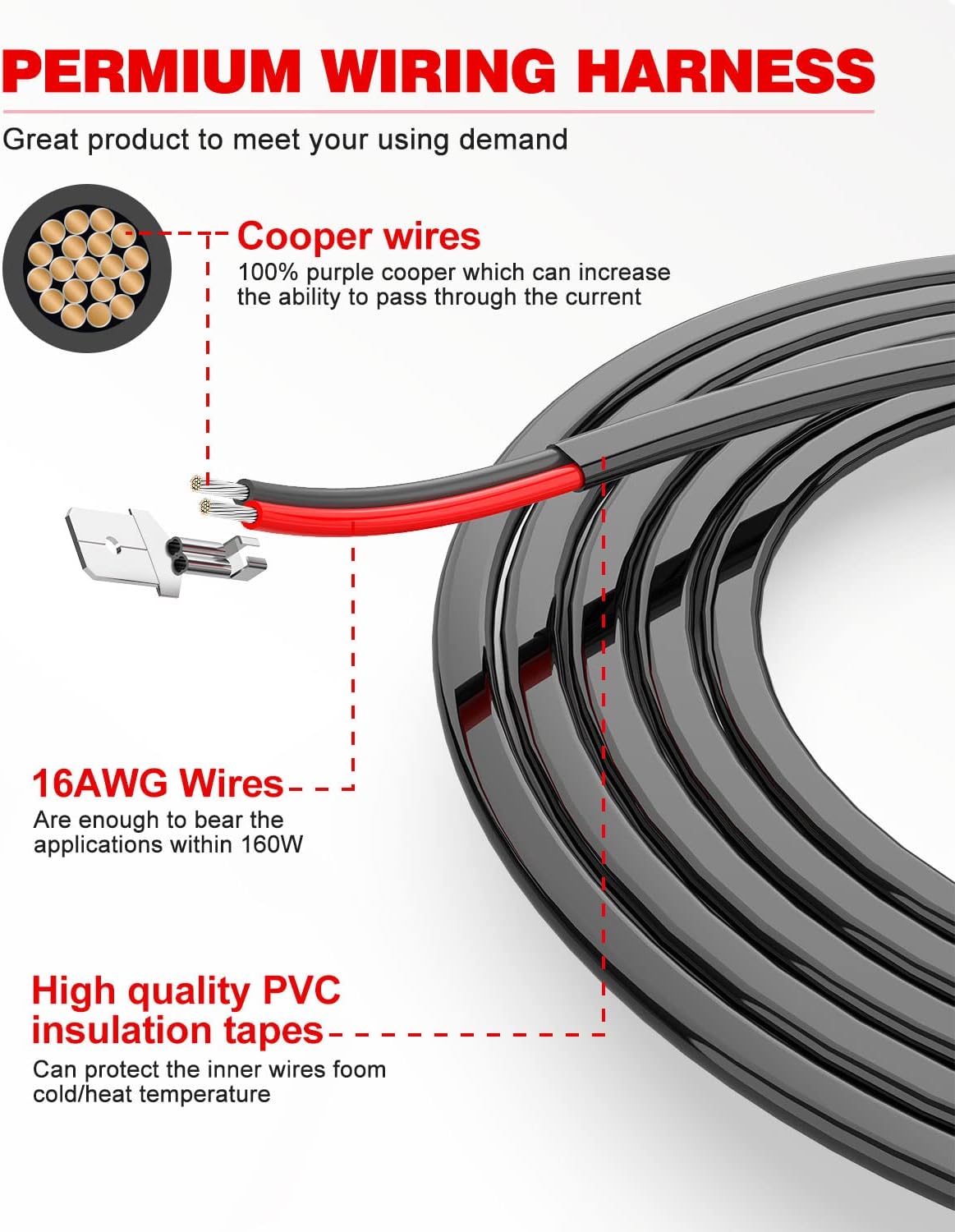 NAOEVO 16FT LED Light Bar Wiring Harness Kit 16AWG 2 Leads 12V On Off Waterproof Switch Power,2 Pin Connector, Waterproof Wire Connectors