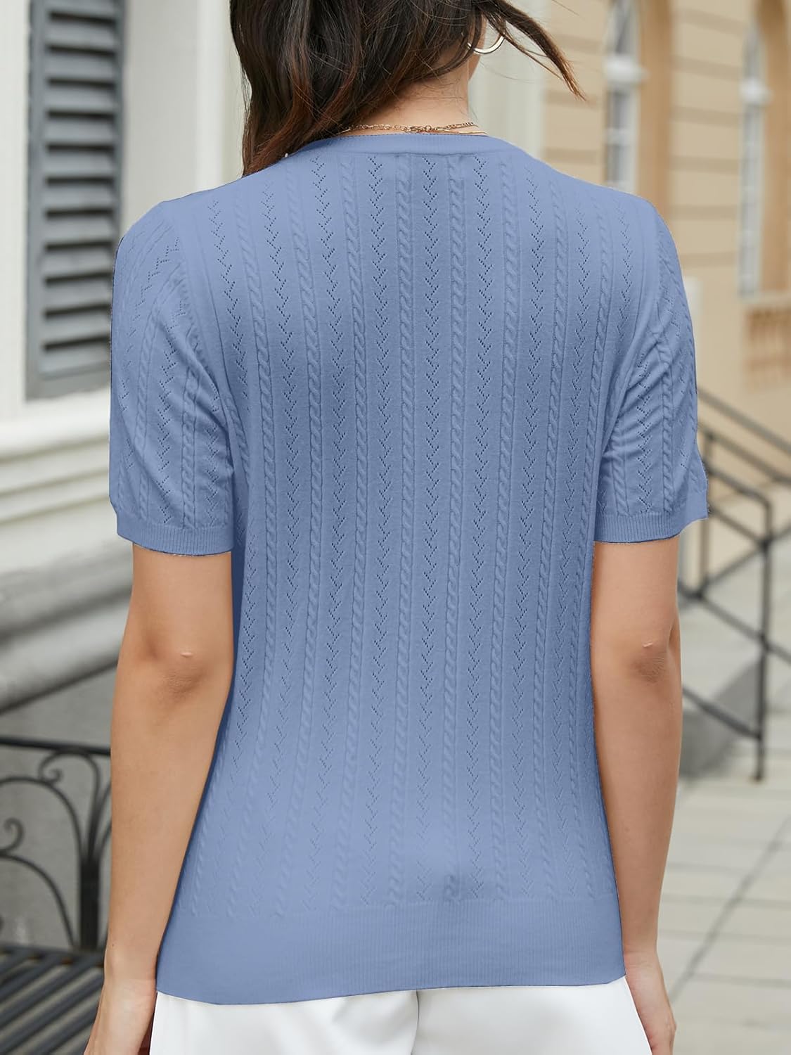 DAIMIDY Women's Short Sleeve Sweaters Hollow Out Summer Sweater Lightweight Cable Knit Pullover Tops