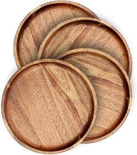 BF BILL.F SINCE 1983 Wooden Plates Round Dinner Plates 8 Inch Acacia Wood Serving Tray Wooden Serving Platters for Home Decor, Food, Vegetables, Fruit, Charcuterie, Appetizer Serving Tray (Set of 4)