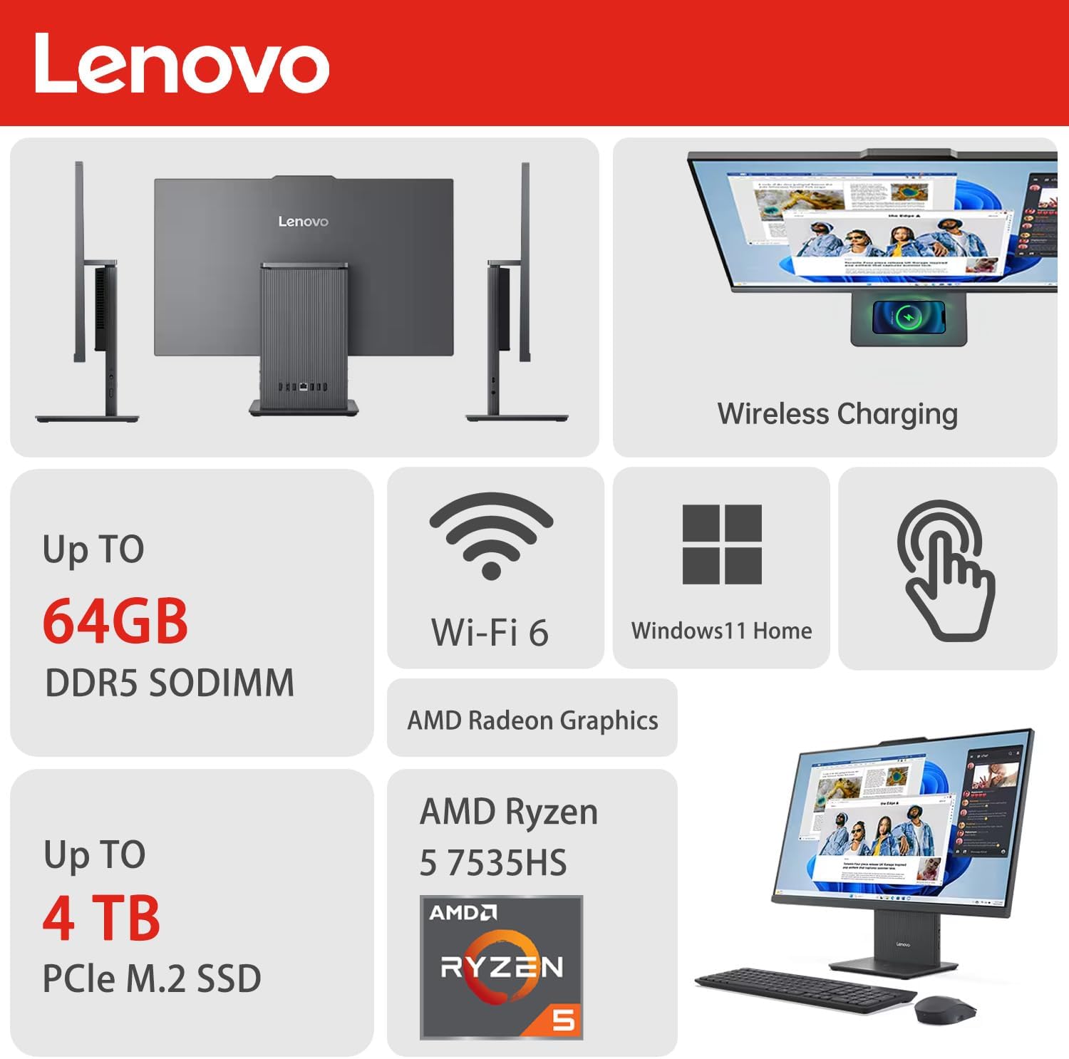 Lenovo IdeaCentre Business All-in-One, 27" FHD Touchscreen 100Hz, AMD Ryzen 5 7535HS, 16GB DDR5 RAM, 1TB SSD, Webcam, Wireless KB & Mouse, Windows 11 Home, Bundle with Adata 64GB USB Flash Drive