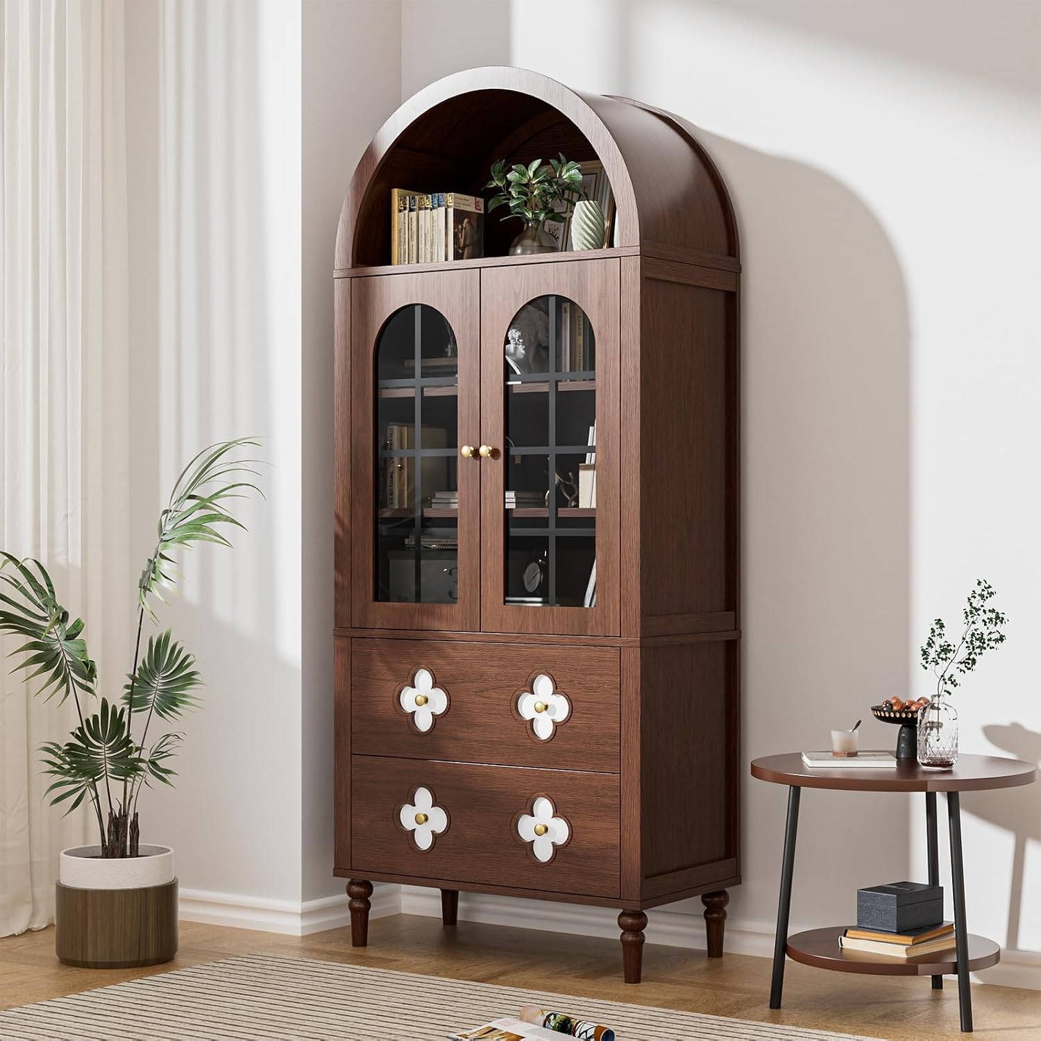 DoCred 71" Tall Arched Pantry with Glass Doors, Retro Wood Arched Kitchen Cabinet, Luxury Arch Bookshelf, 4 Shelves & 2 Drawers, Storage Cabinet for Kitchen, Dining Room, Living Room and Bathroom