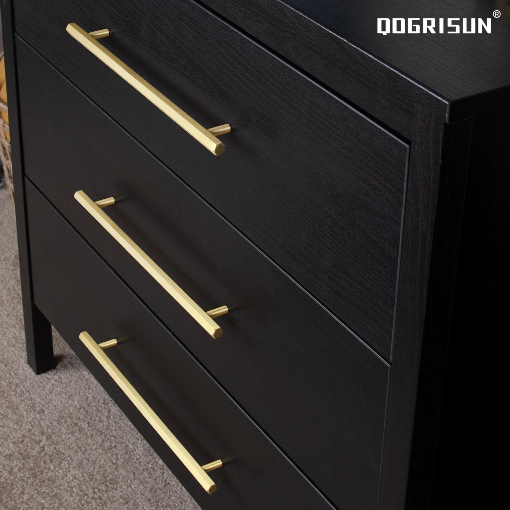 QOGRISUN Paquete de 2 tiradores hexagonales de latón macizo para cajones, centro de agujero de 12-3/5 pulgadas, adecuados para accesorios de cocina, baño, tocador, armario, longitud total de 15.1