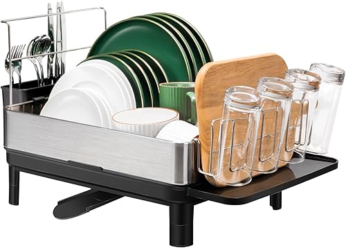 Escurridor de platos, escurridor grande con soporte móvil para cubiertos para la familia, escurridor de platos de acero inoxidable negro para