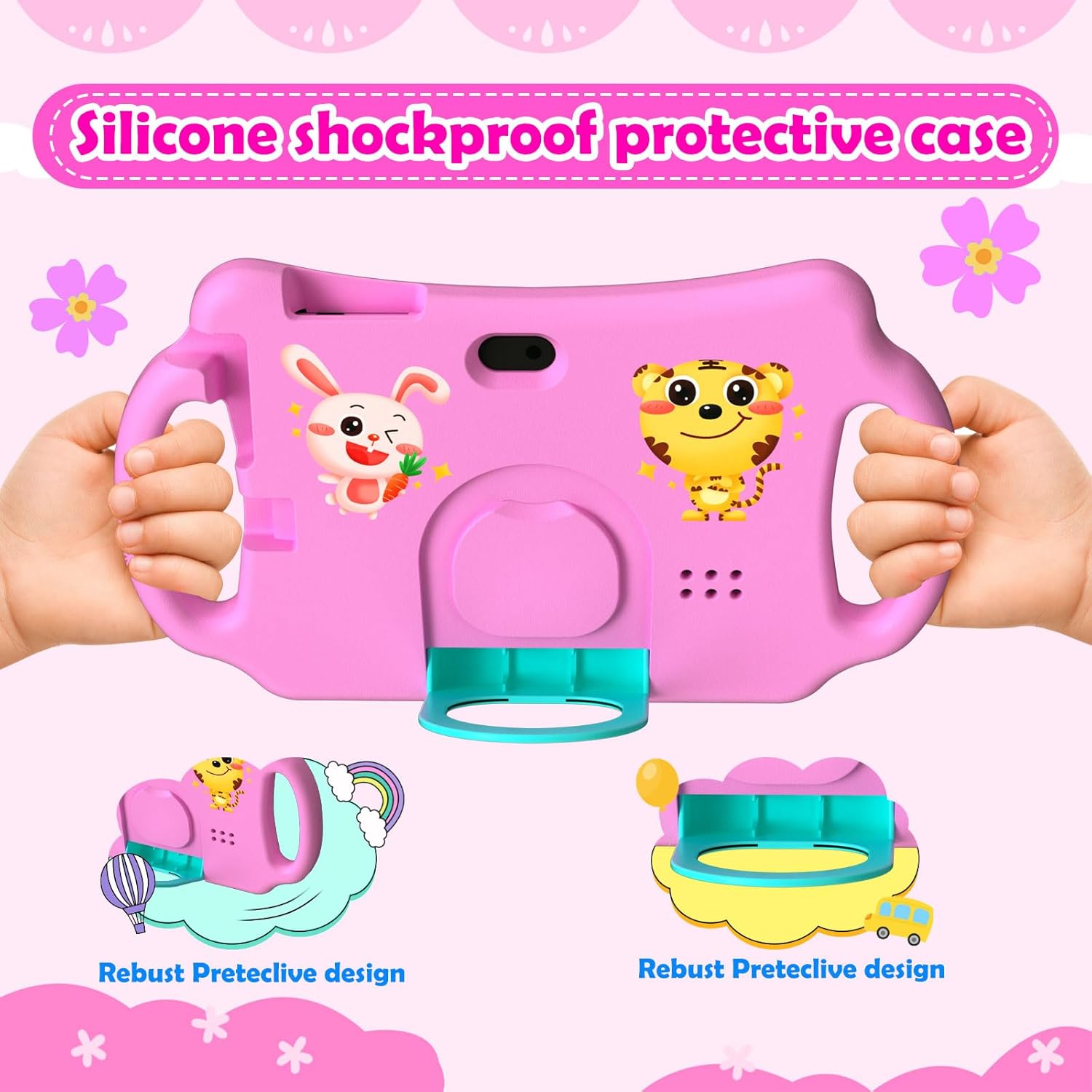 Kids Tablet 7 inch Android 12.0 for Toddler, 4GB RAM 32GB ROM Bluetooth IPS Screen Parental Control Dual Camera Shockproof Case for Educational Games (Pink)
