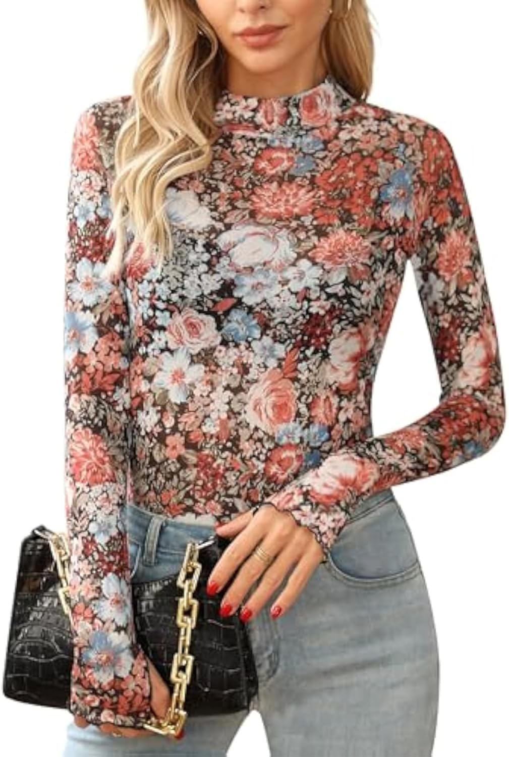 FLORENCE IISA Women's Floral Lace Mesh Long Sleeve Top, See Through Mock Neck Shirt, Sexy Party Going Out Sheer Tops