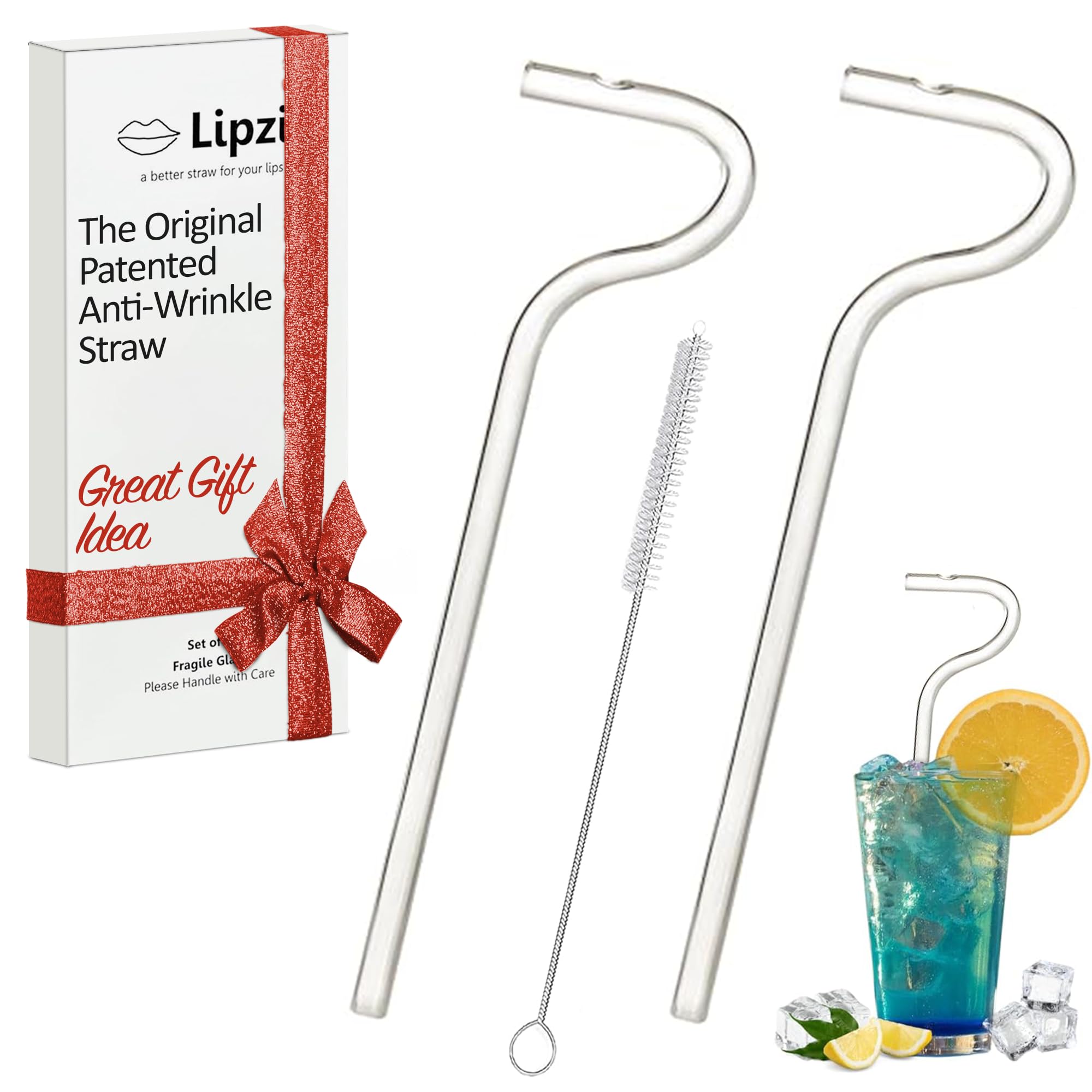 Lipzi - The Original Patented Anti Wrinkle Straw - Glass anti-wrinkle drinking straws, Clear Reusable Straws with Cleaning Brush - Eco-Friendly Plastic Alternative - Cleaning Brush Included - 2 Pack